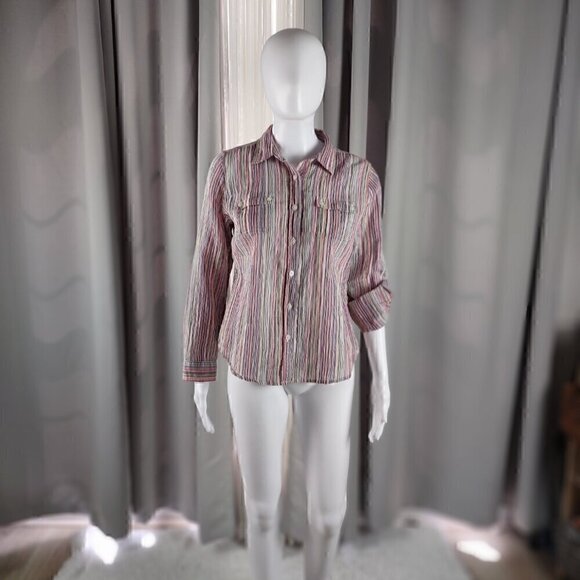 Liz Claiborne Womens Multi Color Striped Button Down Cotton Blend Shirt Size PM - Picture 1 of 14